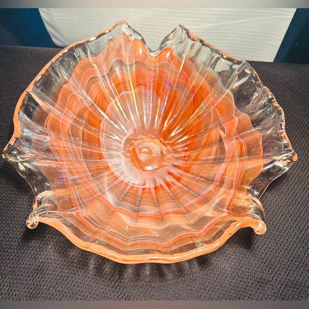 Vintage MCM Murano Handblown Glass, Pink And White Swirl, Shell Dish